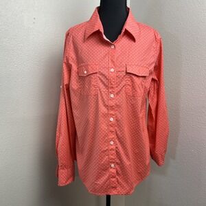 L.L. Bean Blouse Women's Large Coral‎ Polka Dot Button Up Shirt Roll Tab Sleeve